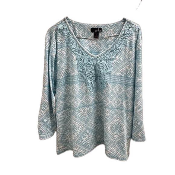 Erika Tops - Erika Blue Floral Blouse Sz L Pilar Lace Trim V Neck Women 3/4 Length Sleeves